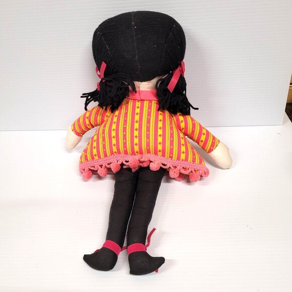 Ragdoll 19'' Handmade Vintage Stuffed Doll Pom Pom Black Yarn Hair Dress - Picture 2 of 7